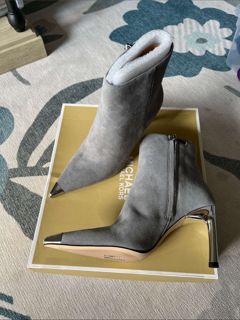 Michael Kors Gray Suede Pointed-Toe Ankle Boots with Silver Heel